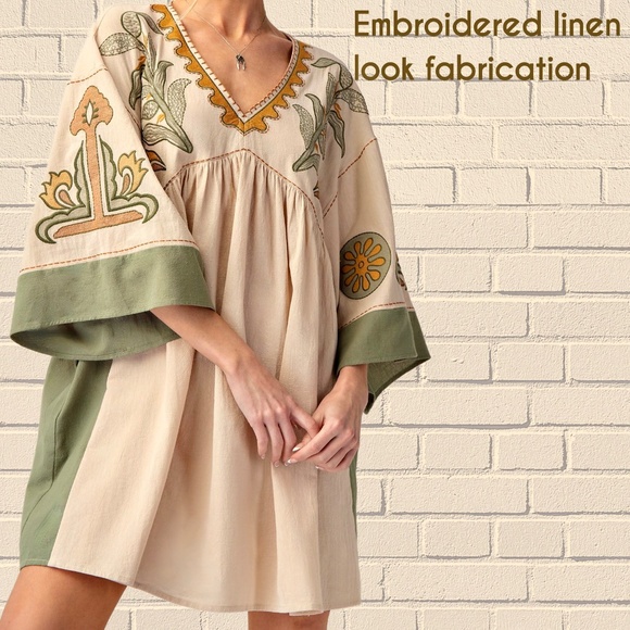 EASEL "Desert Flower" Xtra Full Comfy Linen-Look Embroidered Tunic Dress Pockets - Picture 13 of 15